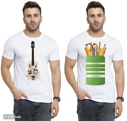 Reliable White Cotton Printed Round Neck Tees For Men- Pack Of 2