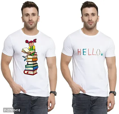 Reliable White Cotton Printed Round Neck Tees For Men- Pack Of 2