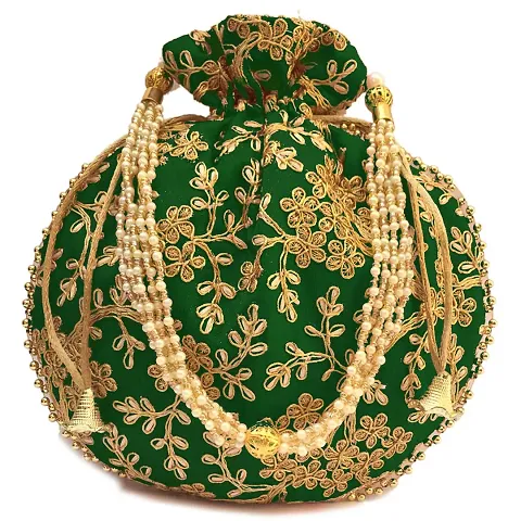 KERYAP Rajasthani Style Royal Clutch Silk Batwa Bag Wristlets Ethnic Potli for Women's Zari Work Potli Bridal Potli