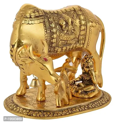 Lovemetz Kamdhenu Cow with Calf and Krishna Brass Like Metal Showpiece for Home Decor and Decorative Gift Item-thumb0