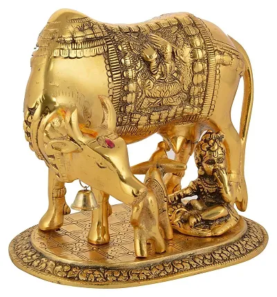 Lovemetz Kamdhenu Cow with Calf and Krishna Brass Like Metal Showpiece for Home Decor and Decorative Gift Item