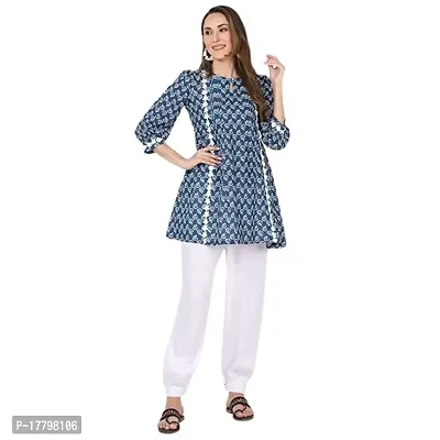 Flosse Women's Cotton Floral Pritned Kurti | Fancy Kurti for Women | Round Neck 3/4th Sleeves Short Kurti for Women's | Printed Tunic Kurti (Blue)