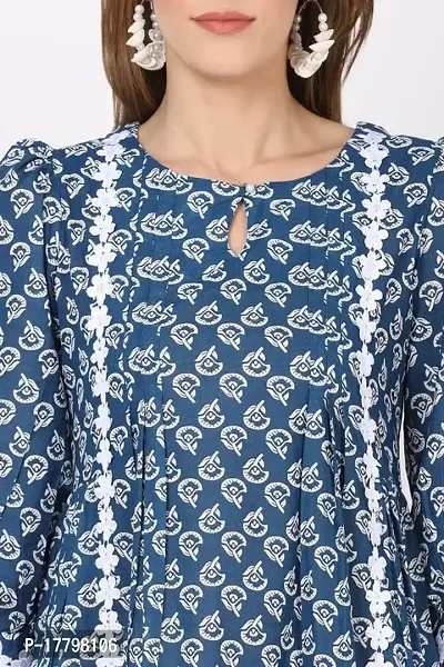 Flosse Women's Cotton Floral Pritned Kurti | Fancy Kurti for Women | Round Neck 3/4th Sleeves Short Kurti for Women's | Printed Tunic Kurti (Blue)-thumb4