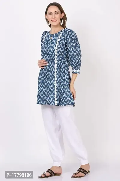 Flosse Women's Cotton Floral Pritned Kurti | Fancy Kurti for Women | Round Neck 3/4th Sleeves Short Kurti for Women's | Printed Tunic Kurti (Blue)-thumb3