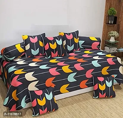 Amvy Creation 160 TC Supersoft Glace Cotton 3D Printed Diwan Set, Multicolour (1 Single Bedsheet, 2 Bolster Covers and 5 Cushion Covers) - Multi Arrow - Gold Diwan