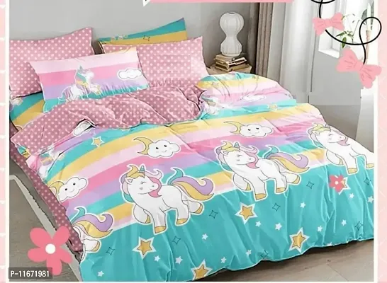 Amvy Creation Prime Collection 160TC Glace Cotton Supersoft Double Bedsheet with 2 Pillow Covers (Multicolour, 90x90 Inch) - Unicorns-Gold-M