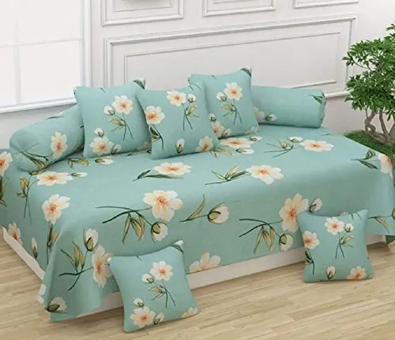 Amvy Creation 160TC 3D Printed Supersoft Glace Cotton Diwan Set, Multicolour (1 Single Bedsheet, 2 Bolster Covers and 5 Cushion Covers) - Green with White Flowers