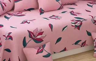 Amvy Creation 160TC 3D Printed Supersoft Glace Cotton Diwan Set, Multicolour (1 Single Bedsheet, 2 Bolster Covers and 5 Cushion Covers) - Pink with Leaves Flowers-thumb1
