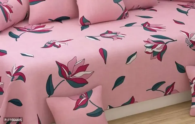 Amvy Creation 160TC 3D Printed Supersoft Glace Cotton Diwan Set, Multicolour (1 Single Bedsheet, 2 Bolster Covers and 5 Cushion Covers) - Pink with Leaves Flowers-thumb2