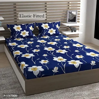 Amvy Creation Prime Collection 175 TC Glace Cotton Supersoft Elastic Fitted King Size Double Bedsheet with 2 Pillow Covers (Multicolour - 72 Inch x 78 Inch) - Blue Lily - Fitted BS