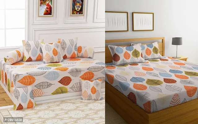 160TC Glace Cotton Combo of 1 Double Bedsheet with 2 Pillow Covers  8 Pc Diwan Set