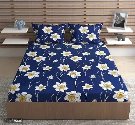 Amvy Creation Prime Collection 175 TC Glace Cotton Supersoft Elastic Fitted King Size Double Bedsheet with 2 Pillow Covers (Multicolour - 72 Inch x 78 Inch) - Blue Lily (2)-Fitted BS-thumb0