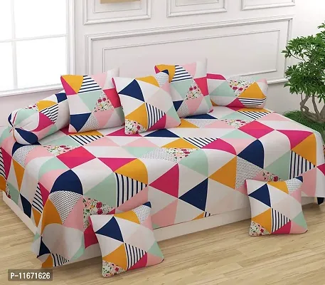 Amvy Creation 160TC 3D Printed Supersoft Glace Cotton Diwan Set, Multicolour (1 Single Bedsheet, 2 Bolster Covers and 5 Cushion Covers) - Coloured Triangles