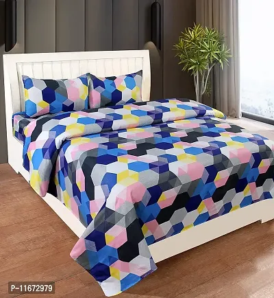 Amvy Creation 144 TC Polycotton 3D Printed Double Bedsheet with 2 Pillow Covers (Multicolour, Size 87 x 87 Inch)