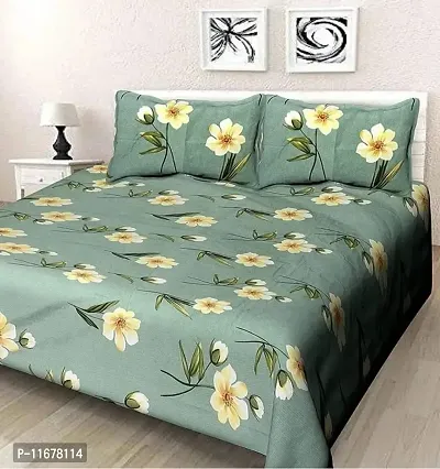 Amvy Creation Prime Collection 160TC Glace Cotton Supersoft Double Bedsheet with 2 Pillow Covers (Multicolour, 90x90 Inch) - Green with White Flowers2-Gold-M