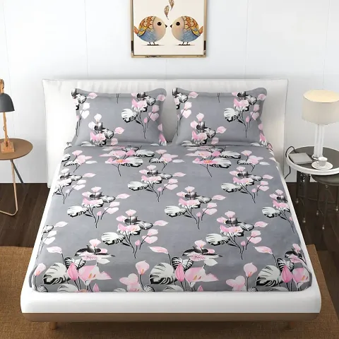 UMEA DECOR Double Bedsheet for Bedroom Pollycotton Elastic Fitted Bedsheet for Double Bed Printed Queen Size Bed Sheet with 2 Pillow Covers - 84 x 90 Inches