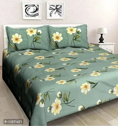 Amvy Creation Prime Collection 160 TC Supersoft Glace Cotton Double Bedsheet with 2 Pillow Covers (Multicolour, 90x90 Inch) - Green with White Flowers 2 - Gold-thumb0