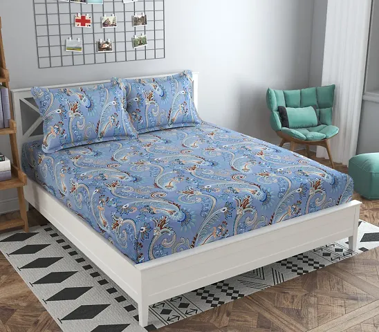 Printed Glace Cotton Elastic Fitted Double Bedsheet with 2 Pillow Covers