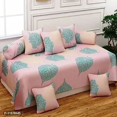 Amvy Creation 160TC 3D Printed Supersoft Glace Cotton Diwan Set, Multicolour (1 Single Bedsheet, 2 Bolster Covers and 5 Cushion Covers) - Pink with Green Leaves