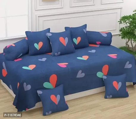 Amvy Creation 160TC 3D Printed Supersoft Glace Cotton Diwan Set, Multicolour (1 Single Bedsheet, 2 Bolster Covers and 5 Cushion Covers) - Blue Hearts