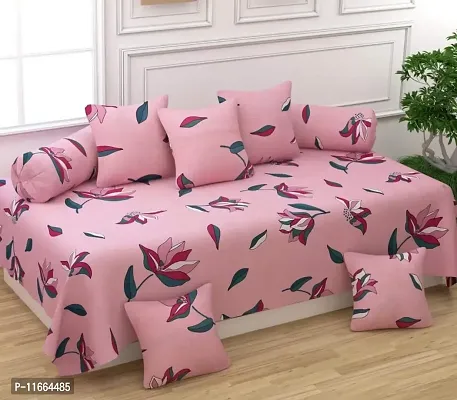 Amvy Creation 160TC 3D Printed Supersoft Glace Cotton Diwan Set, Multicolour (1 Single Bedsheet, 2 Bolster Covers and 5 Cushion Covers) - Pink with Leaves Flowers