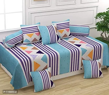 Amvy Creation 160 TC Supersoft Glace Cotton 3D Printed Diwan Set, Multicolour (1 Single Bedsheet, 2 Bolster Covers and 5 Cushion Covers) - Green Zigzag Lining - Gold Diwan