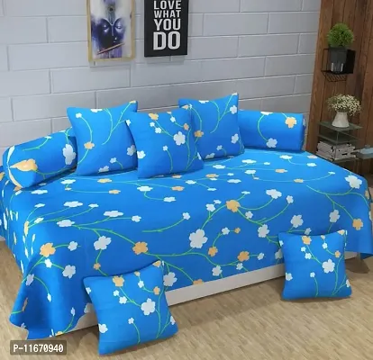 Amvy Creation 160 TC Supersoft Glace Cotton 3D Printed Diwan Set, Multicolour (1 Single Bedsheet, 2 Bolster Covers and 5 Cushion Covers) - Blue Bail - Gold Diwan