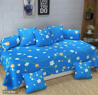 Amvy Creation 160TC 3D Printed Supersoft Glace Cotton Diwan Set, Multicolour (1 Single Bedsheet, 2 Bolster Covers and 5 Cushion Covers) - Blue Bail