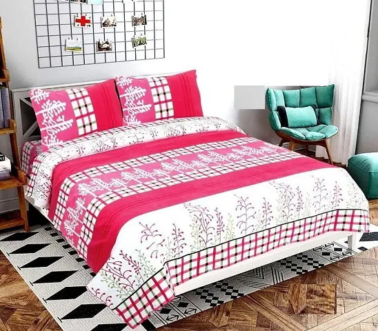 Amvy Creation 144 TC Polycotton 3D Printed Double Bedsheet with 2 Pillow Covers (Multicolour, Size 87 x 87 Inch)