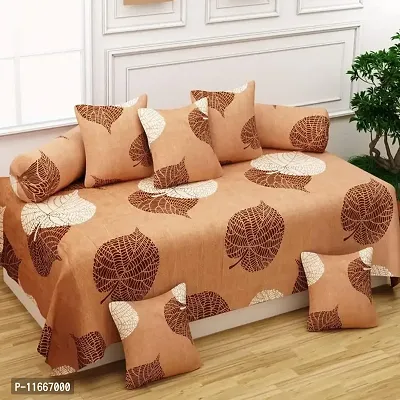 Amvy Creation 160 TC Supersoft Glace Cotton 3D Printed Diwan Set, Multicolour (1 Single Bedsheet, 2 Bolster Covers and 5 Cushion Covers) - Coffee with White Leaves - Gold Diwan