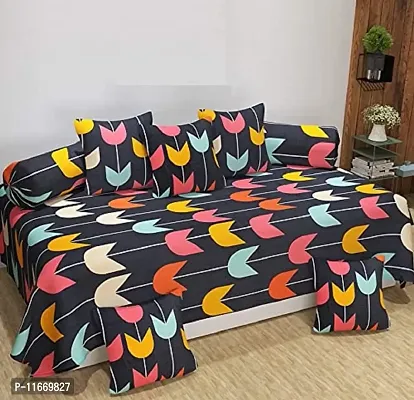 Amvy Creation 160TC 3D Printed Supersoft Glace Cotton Diwan Set, Multicolour (1 Single Bedsheet, 2 Bolster Covers and 5 Cushion Covers) - Multi Arrow