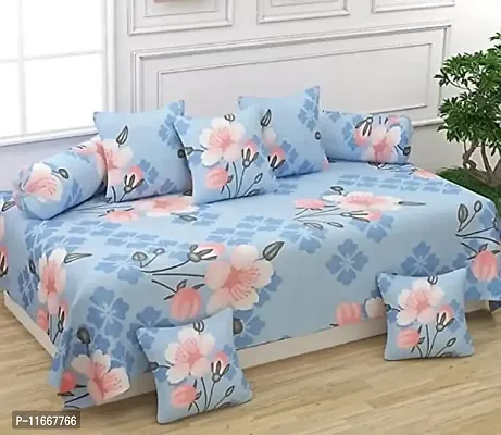 Amvy Creation 160TC 3D Printed Supersoft Glace Cotton Diwan Set, Multicolour (1 Single Bedsheet, 2 Bolster Covers and 5 Cushion Covers) - Blue with White Blossom