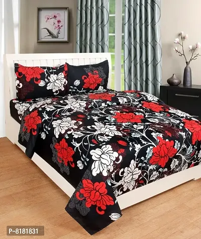 Multicolor 3D Flower Printed Polycotton Double Bedsheet with 2 Pillow Covers