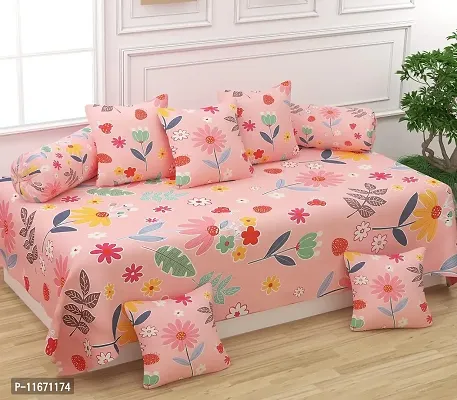 Amvy Creation 160 TC Supersoft Glace Cotton 3D Printed Diwan Set, Multicolour (1 Single Bedsheet, 2 Bolster Covers and 5 Cushion Covers) - Pink with Leaves Flowers - Gold Diwan