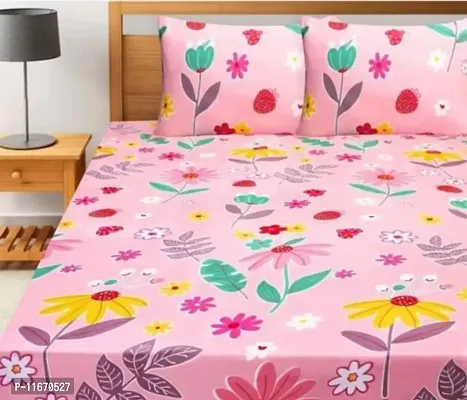 Amvy Creation Prime Collection 160 TC Supersoft Glace Cotton Double Bedsheet with 2 Pillow Covers (Multicolour, 90x90 Inch) - Pink with Leaves Flowers - Gold-M