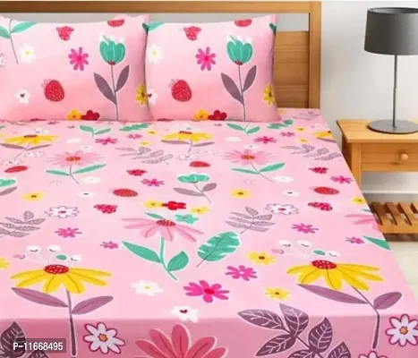 Amvy Creation Prime Collection 160TC Glace Cotton Supersoft Double Bedsheet with 2 Pillow Covers (Multicolour, 90x90 Inch) - Pink with Leaves Flowers 2-Gold