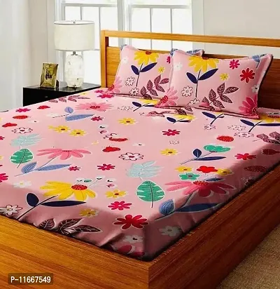 Amvy Creation Prime Collection 160 TC Supersoft Glace Cotton Double Bedsheet with 2 Pillow Covers (Multicolour, 90x90 Inch) - Pink with Leaves Flowers - Gold-thumb0