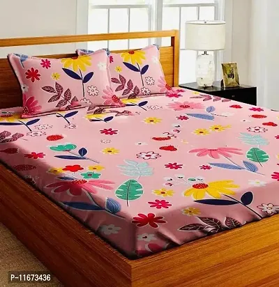 Amvy Creation Prime Collection 160 TC Supersoft Glace Cotton Double Bedsheet with 2 Pillow Covers (Multicolour, 90x90 Inch) - Pink with Leaves Flowers 2 - Gold-M