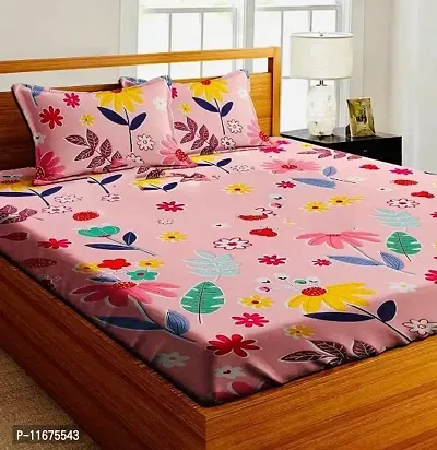 Amvy Creation Prime Collection 160TC Glace Cotton Supersoft Double Bedsheet with 2 Pillow Covers (Multicolour, 90x90 Inch) - Pink with Leaves Flowers2-Gold-M
