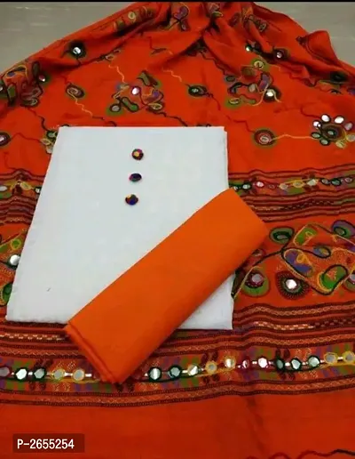 Stylish Orange Cotton Dress Material With Mirror Embroider Dupatta