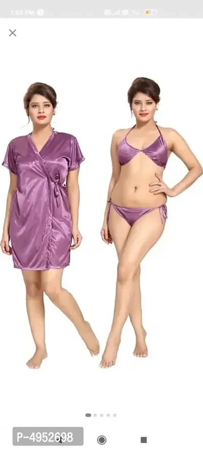 Solid Satin Lingerie Set With Robe-thumb0