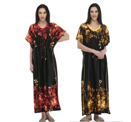 Stylish Floral Print Kaftan Nighty/Night Gown (Set Of 2 )