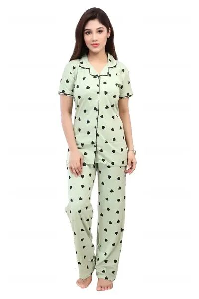 Heart Print Cotton Night Suit Set/Shirt Pajama Set