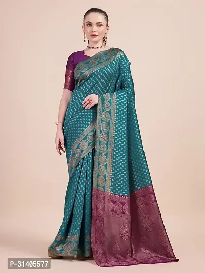 Stylish Teal Jacquard Saree With Blouse Piece For Women