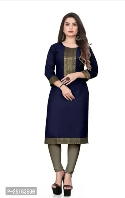 Stylish Navy Blue Cotton Slub Straight Solid Stitched Ethnic Kurti For Women-thumb0