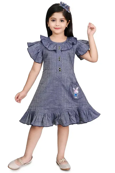 Farhin Girls Knee Length Casual A-Line Peter Pan Collar Neck Flare Frock with Side Pocket Dress