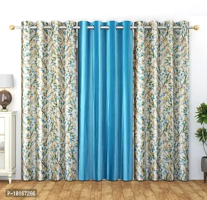 VJK FAB Flower & Plain Design Curtains for Window, Door, Long Door, Drawing Room, Bedroom, Living Room (VJK-LC-Flower 2 & Plain 1-SETOF3-AQUA-5) 4x5 Feet, Set of 3 Pcs, Sky Blue