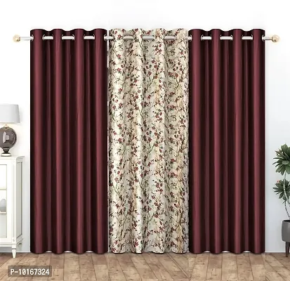 VJK FAB Flower & Plain Design Curtains for Window, Door, Long Door, Drawing Room, Bedroom, Living Room (VJK-LC-Flower 1 & Plain 2-SETOF3-MAROON-7) 4x7 Feet, Set of 3 Pcs, Maroon