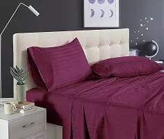 VJK FAB Premium Glace Cotton Satin Striped/Lining, Solid Plain Color, Wrinkle Free Bedsheet with Two Pillow Covers for Double Bed Queen Size for Home, Hotels, Guest House, Wine Red-thumb1