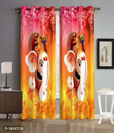 VJK FAB 3D Digital Printed Heavy Fabric Shri Ganesha God Design Curtains for Pooja Room, Temple, Home ( VJK-3D-GANESHA Head-7 ) 4x7 feet, Set of 2 Pcs